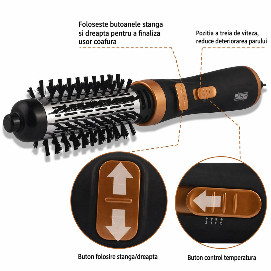 Perie electrica de par rotativa, DSP Profesional, 900W, 2 perii capete rotative, uscare 360° si stilizare, 2 viteze, 2 setari de temperatura, potrivita pentru orice lungime si tip de par, cablu de 1.8 m