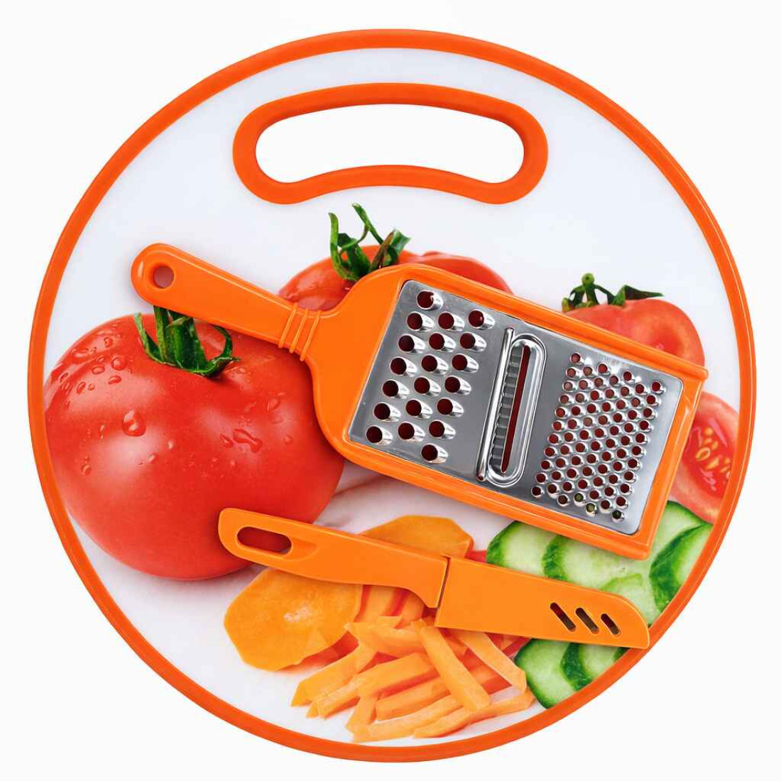 Set 3 piese, tocator, razuitoare, cutit, portocaliu