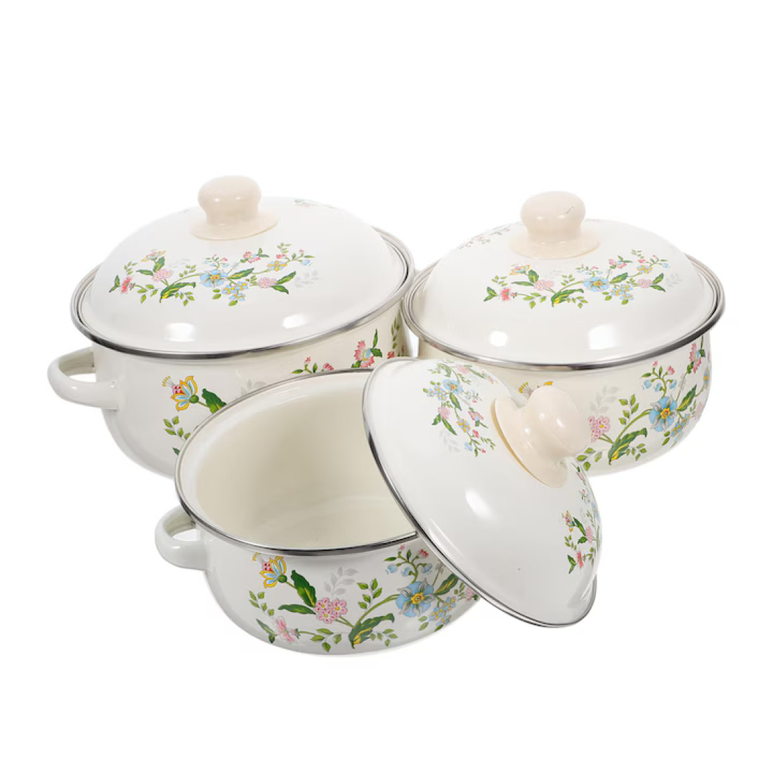 SET 3 CRATITE EMAILATE FLORI CU CAPACE 16/18/20cm SET 3 CRATITE EMAILATE FLORI CU CAPACE 16/18/20cm