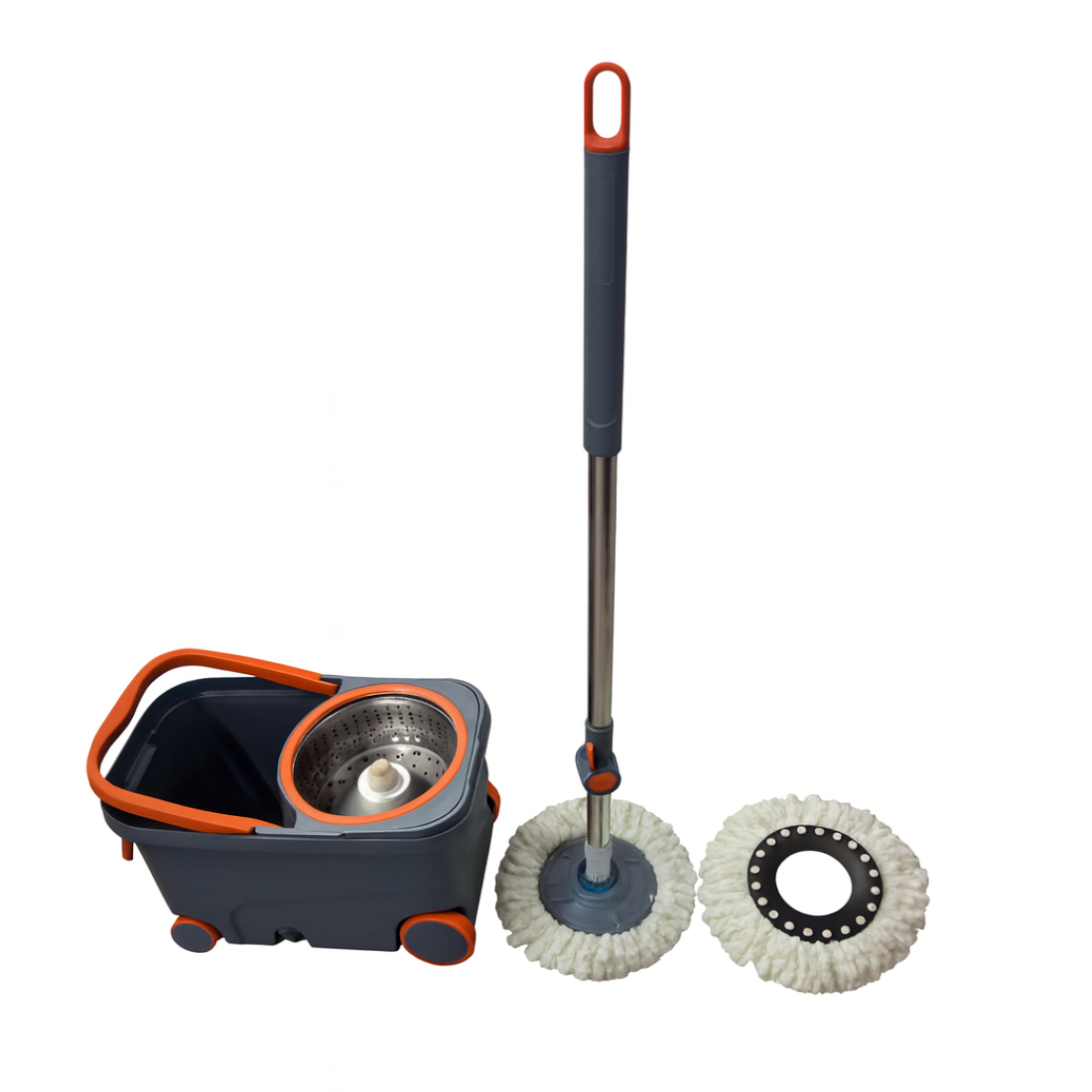 Mop rotativ cu galeata, Set curatenie cu 2 rezerve, Coada telescopica, Mop rotativ 360°, Centrifuga inox, Maner si roti pentru transport