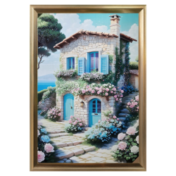 Tablou Casa din piatra si flori la malul marii, Culori Vibrante, 50x70cm