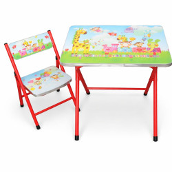 Set Masa pliabila cu Scaun pentru Copii, Masa 60x40 cm, Scaun 28x28 cm, Culoare Rosu, Model Animalute
