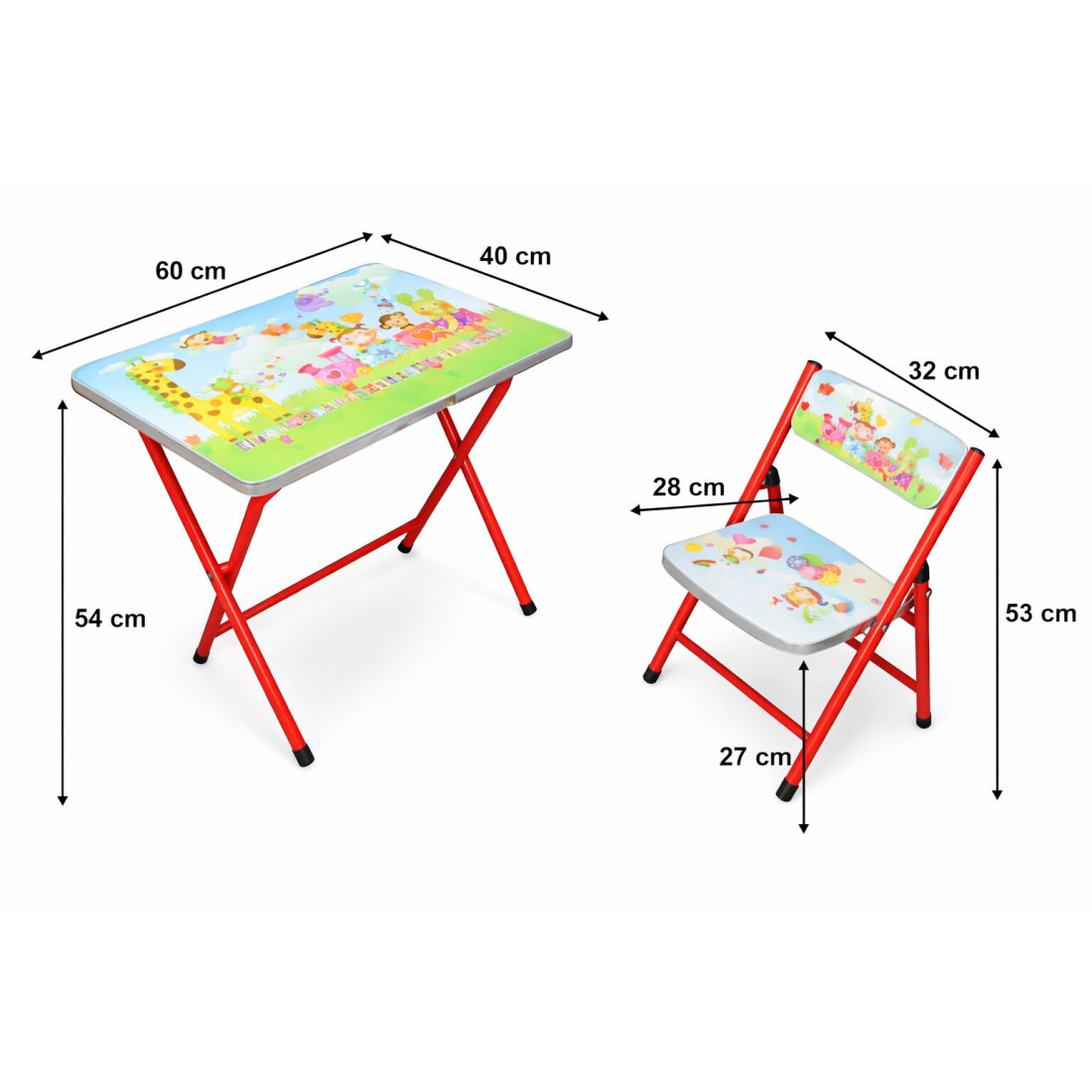 Set Masa pliabila cu Scaun pentru Copii, Masa 60x40 cm, Scaun 28x28 cm, Culoare Rosu, Model Animalute