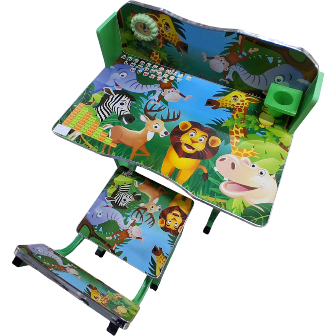 Set Birou cu scaun pentru copii, Cadru Metalic, cu inaltime reglabila, Birou 70x44 cm, Scaun 32x28 cm, Culoare Verde, Model Jungla