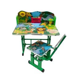Set Birou cu scaun pentru copii, Cadru Metalic, cu inaltime reglabila, Birou 70x44 cm, Scaun 32x28 cm, Culoare Verde, Model Jungla