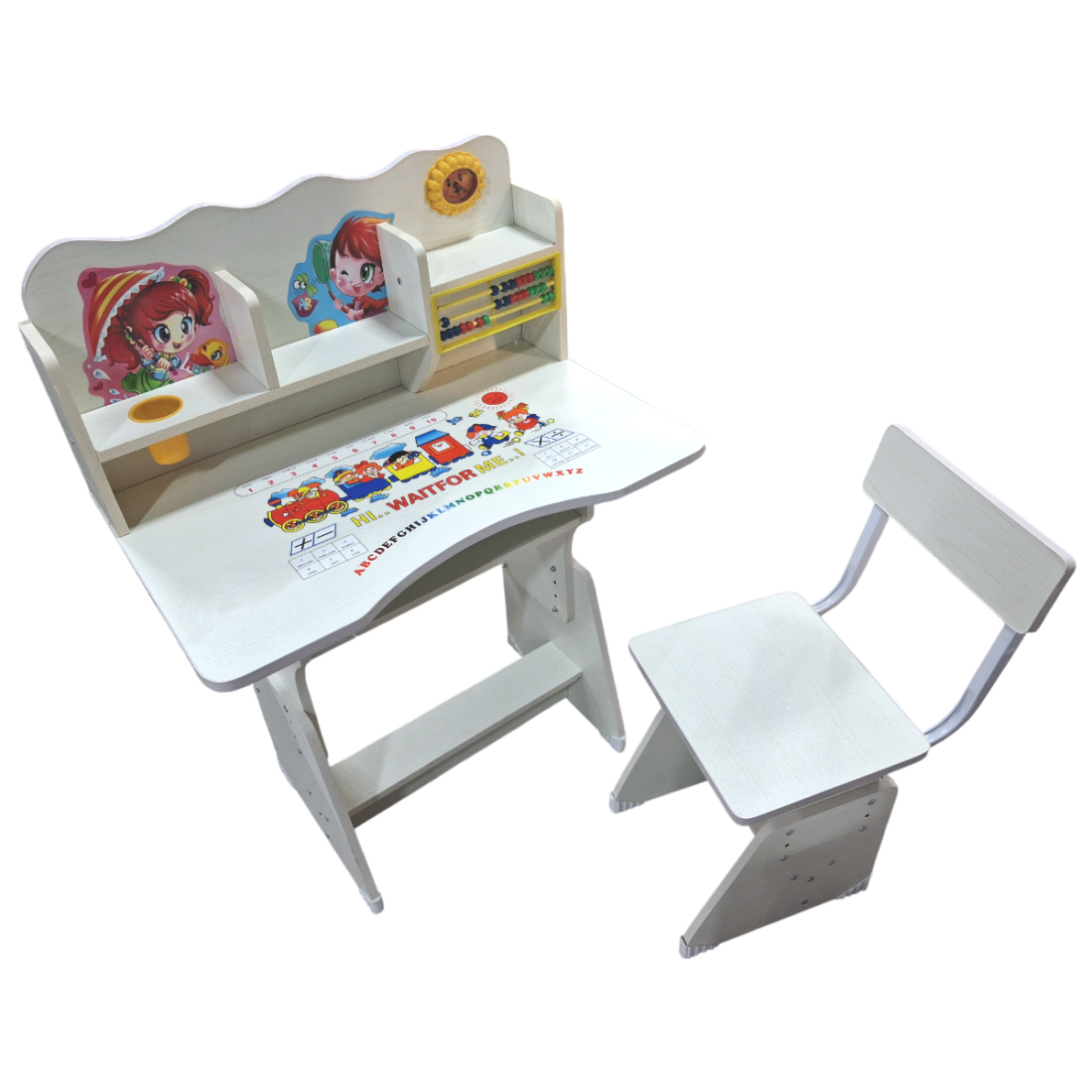 Set Birou cu scaun pentru copii, Cadru Metalic, cu inaltime reglabila, Birou 75x48 cm, Scaun 34x30 cm, Culoare Alb