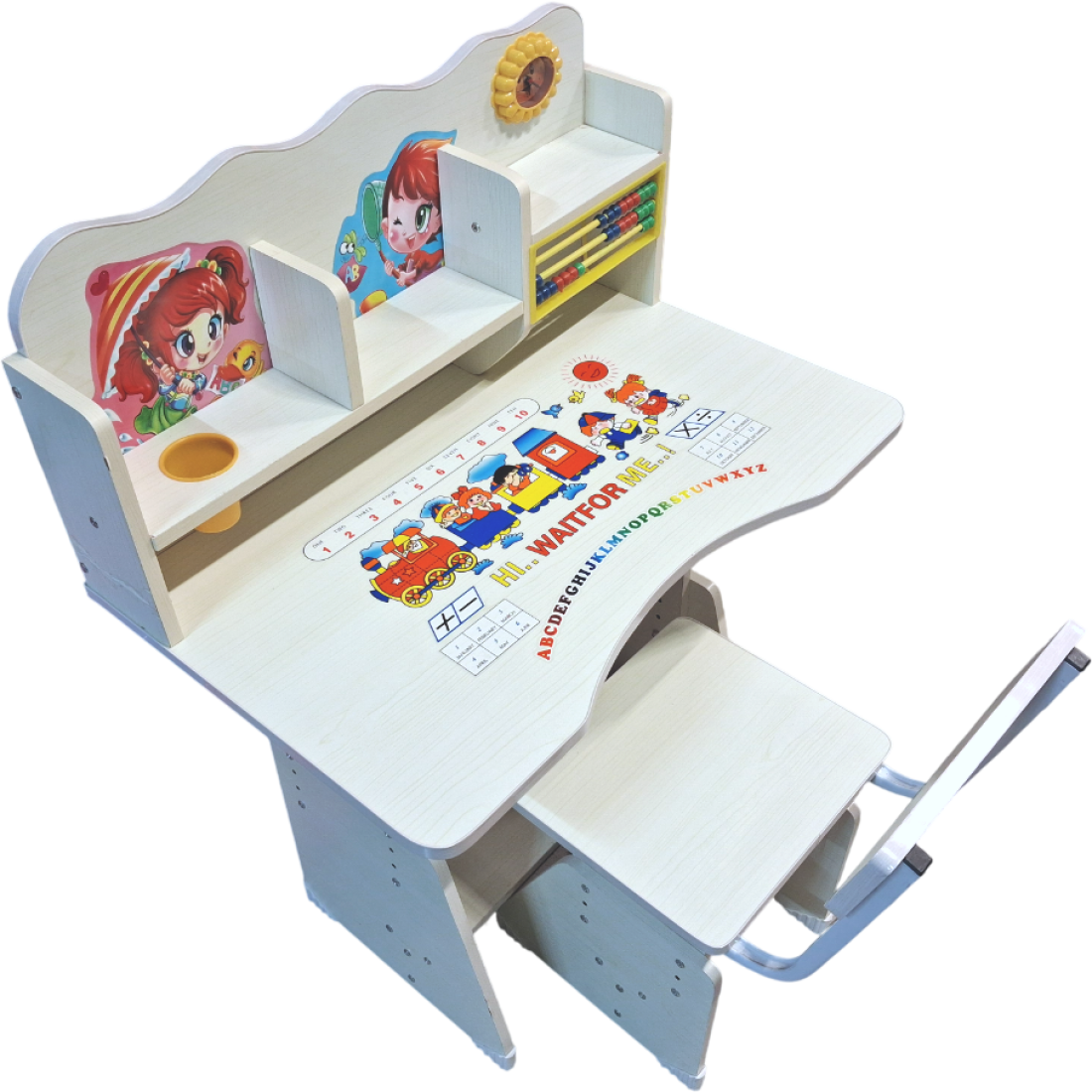 Set Birou cu scaun pentru copii, Cadru Metalic, cu inaltime reglabila, Birou 75x48 cm, Scaun 34x30 cm, Culoare Alb