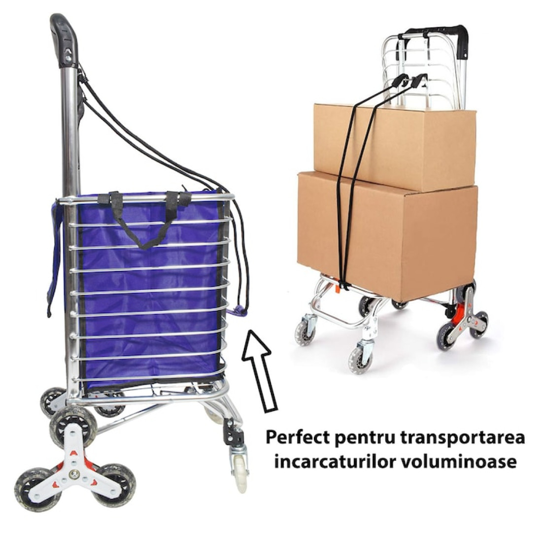 Carucior cumparaturi, pliabil, cu 3 roti pentru scari, mov