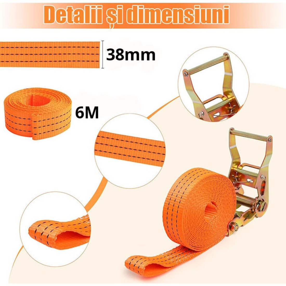 Chinga ancorare marfa, lungime 6 metri, latime 38mm, maxim 500 kg, portocalie