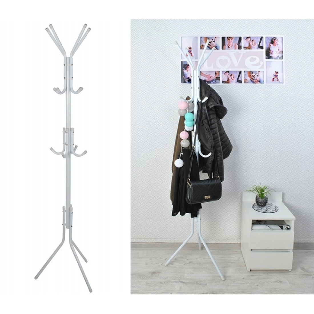 Cuier tip pom, pentru hol, 3 nivele, 12 agatatori, metal, 175 cm, alb