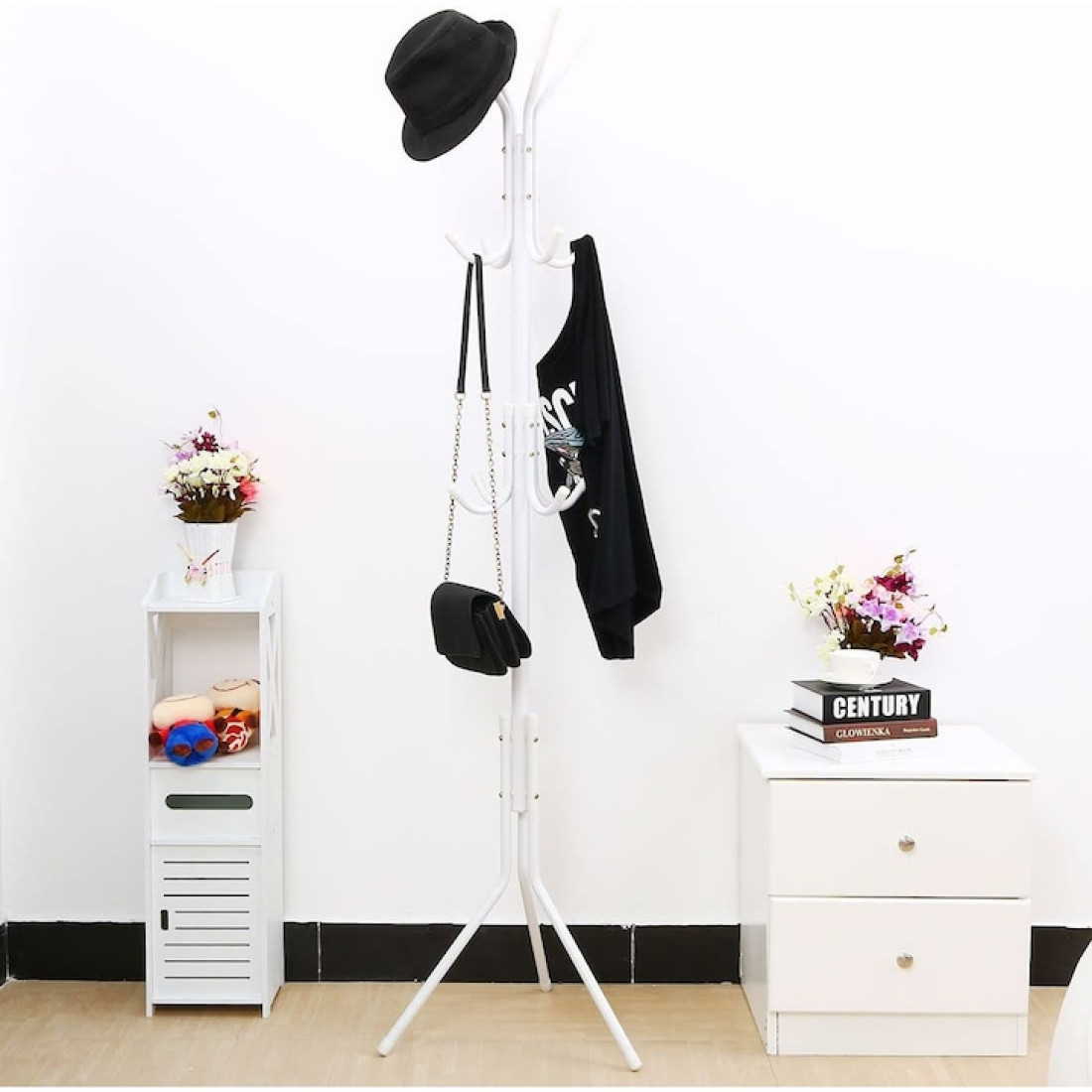 Cuier tip pom, pentru hol, 3 nivele, 12 agatatori, metal, 175 cm, alb