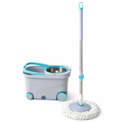 Mop rotativ cu galeata, Coada telescopica, Mop rotativ 360°, Centrifuga inox, Maner si roti pentru transport, Gri