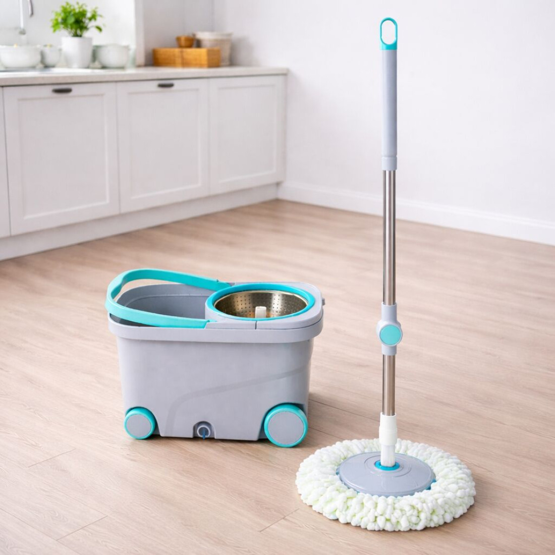 Mop rotativ cu galeata, Coada telescopica, Mop rotativ 360°, Centrifuga inox, Maner si roti pentru transport, Gri