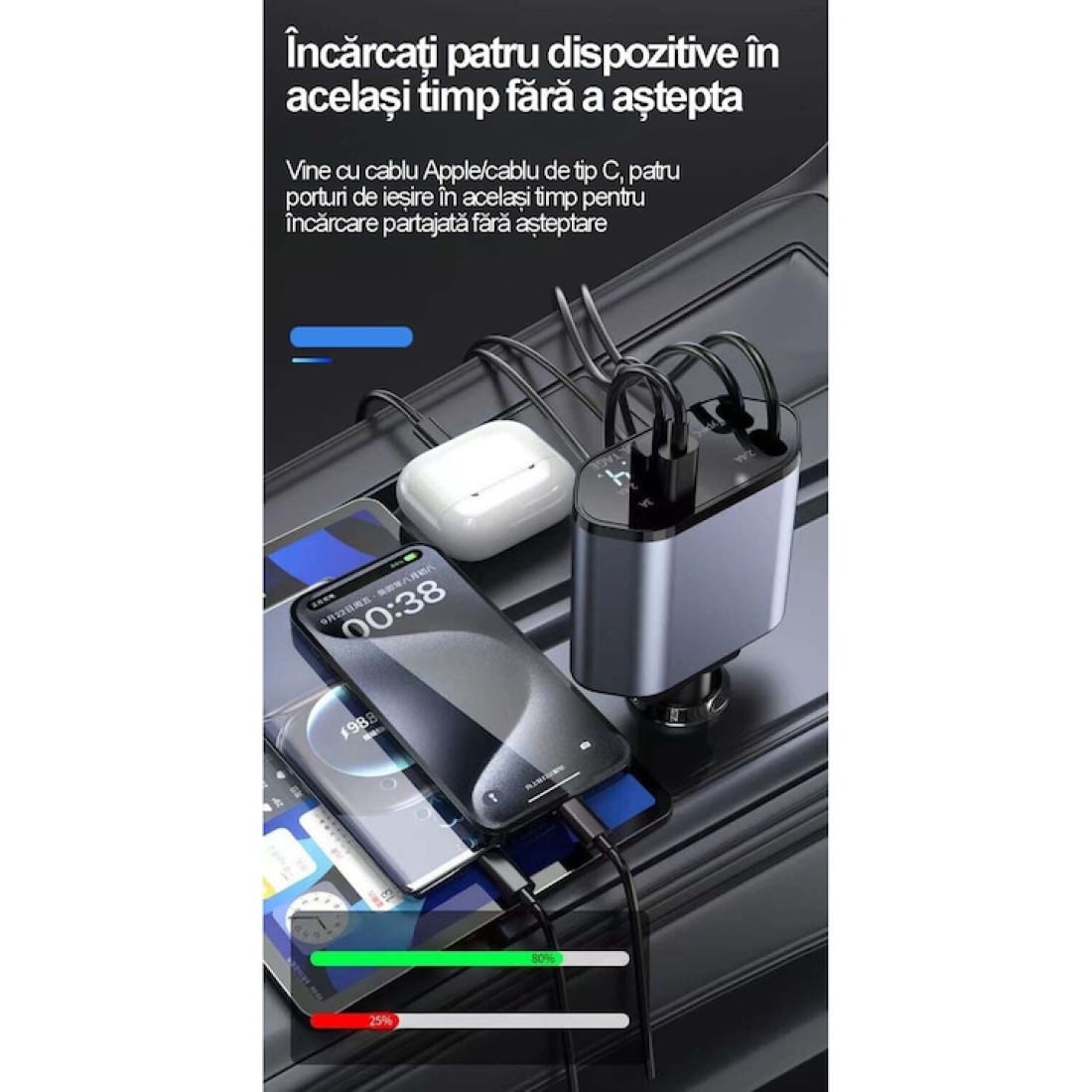 Incarcator Auto Smart 4 in 1, 120W, Fast Charge USB & Type-C, Cabluri Retractabile Ultra-Resistente, 80 cm, Suport Reglabil 180°, Afisaj LED, Compatibil iPhone & Android, Gri Incarcator Auto Smart 4 in 1, 120W, Fast Charge USB & Type-C, Cabluri Retractabile Ultra-Resistente, 80 cm, Suport Reglabil 180°, Afisaj LED, Compatibil iPhone & Android, Gri