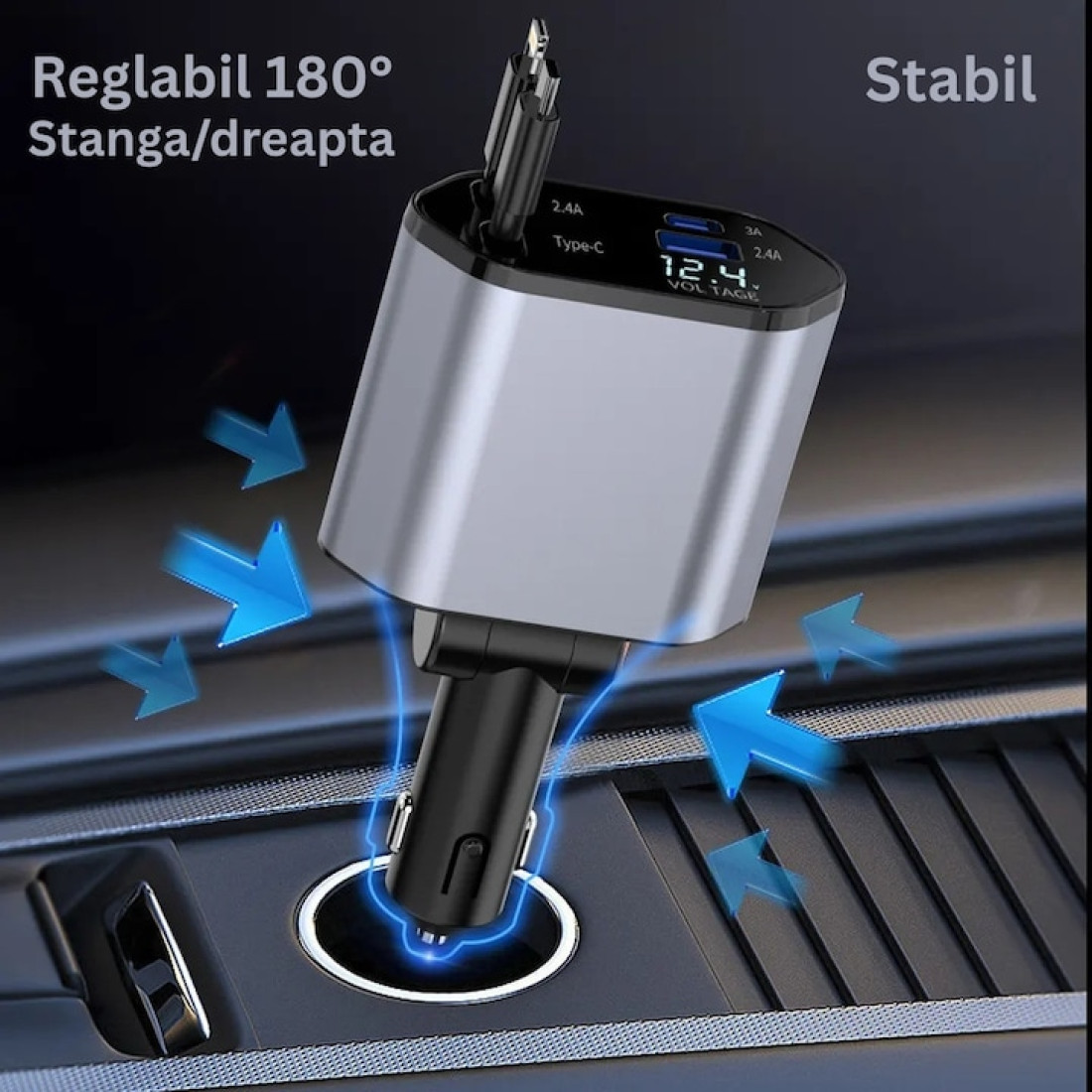 Incarcator Auto Smart 4 in 1, 120W, Fast Charge USB & Type-C, Cabluri Retractabile Ultra-Resistente, 80 cm, Suport Reglabil 180°, Afisaj LED, Compatibil iPhone & Android, Gri Incarcator Auto Smart 4 in 1, 120W, Fast Charge USB & Type-C, Cabluri Retractabile Ultra-Resistente, 80 cm, Suport Reglabil 180°, Afisaj LED, Compatibil iPhone & Android, Gri