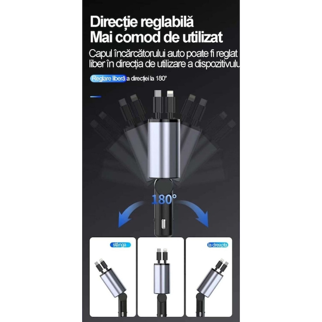 Incarcator Auto Smart 4 in 1, 120W, Fast Charge USB & Type-C, Cabluri Retractabile Ultra-Resistente, 80 cm, Suport Reglabil 180°, Afisaj LED, Compatibil iPhone & Android, Gri Incarcator Auto Smart 4 in 1, 120W, Fast Charge USB & Type-C, Cabluri Retractabile Ultra-Resistente, 80 cm, Suport Reglabil 180°, Afisaj LED, Compatibil iPhone & Android, Gri