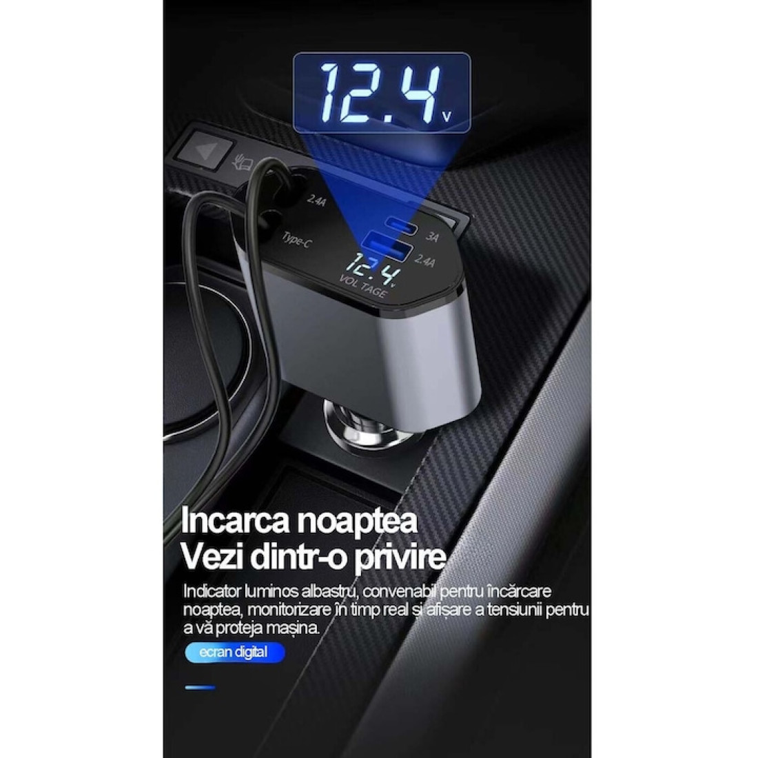 Incarcator Auto Smart 4 in 1, 120W, Fast Charge USB & Type-C, Cabluri Retractabile Ultra-Resistente, 80 cm, Suport Reglabil 180°, Afisaj LED, Compatibil iPhone & Android, Gri Incarcator Auto Smart 4 in 1, 120W, Fast Charge USB & Type-C, Cabluri Retractabile Ultra-Resistente, 80 cm, Suport Reglabil 180°, Afisaj LED, Compatibil iPhone & Android, Gri