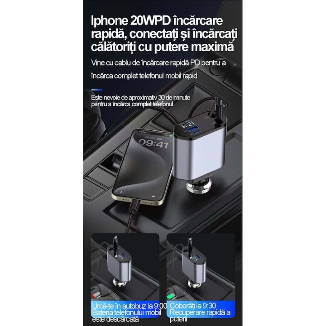 Incarcator Auto Smart 4 in 1, 120W, Fast Charge USB & Type-C, Cabluri Retractabile Ultra-Resistente, 80 cm, Suport Reglabil 180°, Afisaj LED, Compatibil iPhone & Android, Gri Incarcator Auto Smart 4 in 1, 120W, Fast Charge USB & Type-C, Cabluri Retractabile Ultra-Resistente, 80 cm, Suport Reglabil 180°, Afisaj LED, Compatibil iPhone & Android, Gri