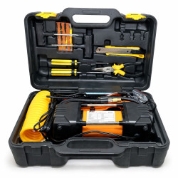 Set complet pentru reparatia si umflarea rotilor auto, cu compresor de aer cu 2 cilindri, duze de umflare, cutit utilitar, unelte de reparare a anvelopelor, surubelnita si cleste
