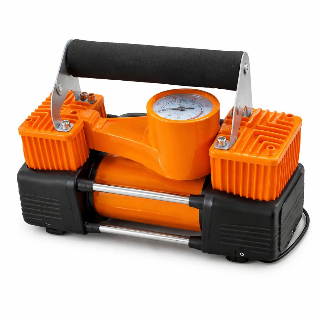 Set complet pentru reparatia si umflarea rotilor auto, cu compresor de aer cu 2 cilindri, duze de umflare, cutit utilitar, unelte de reparare a anvelopelor, surubelnita si cleste