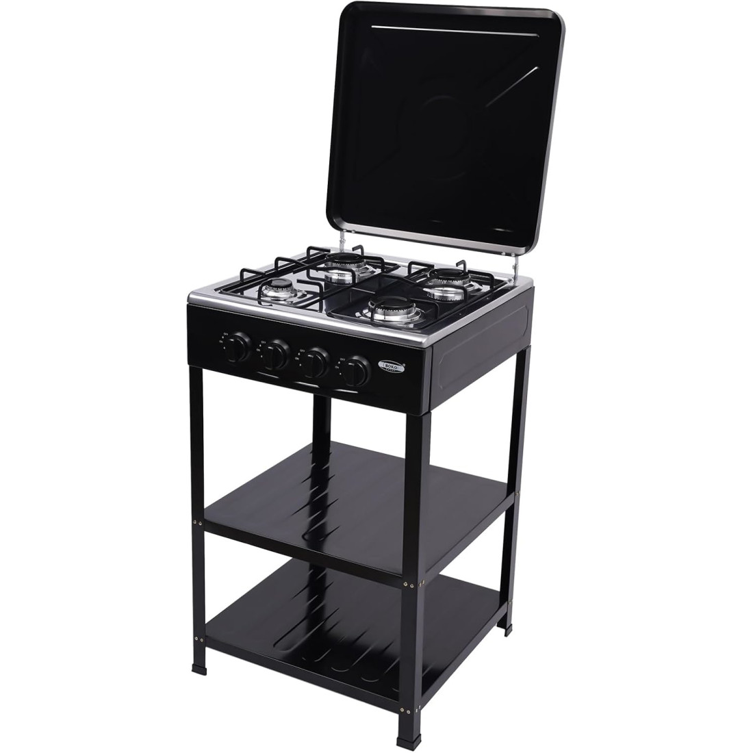 Aragaz pe gaz, 4 arzatoare, raft dublu, butoane rotative, negru Aragaz pe gaz, 4 arzatoare, raft dublu, butoane rotative, negru