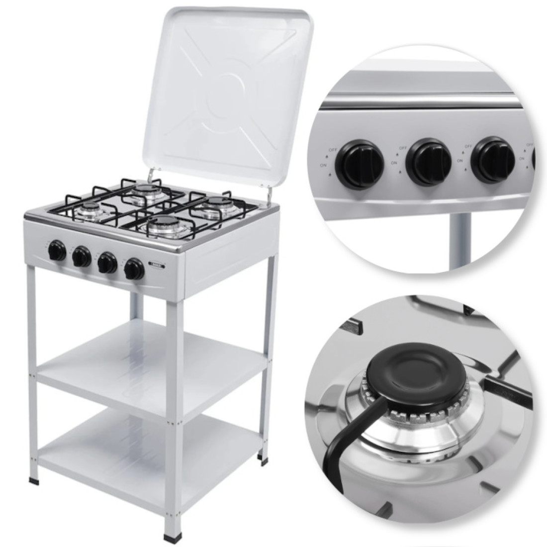 Aragaz pe gaz, 4 arzatoare, raft dublu, butoane rotative, gri deschis