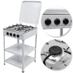 Aragaz pe gaz, 4 arzatoare, raft dublu, butoane rotative, gri deschis