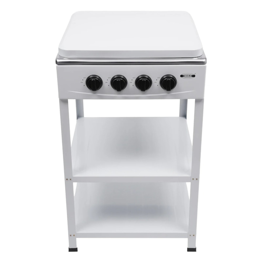 Aragaz pe gaz, 4 arzatoare, raft dublu, butoane rotative, gri deschis