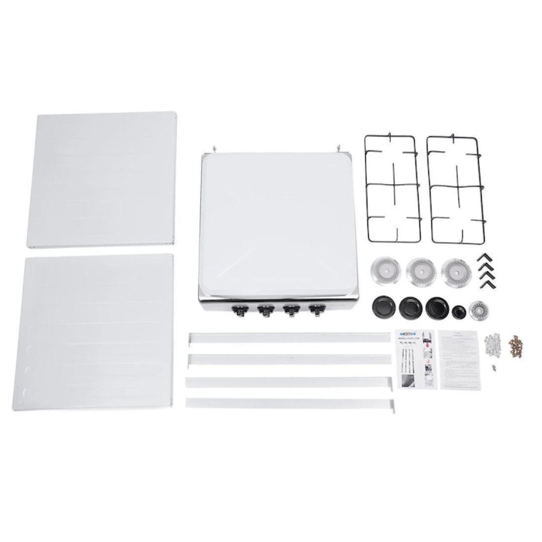 Aragaz pe gaz, 4 arzatoare, raft dublu, butoane rotative, gri deschis