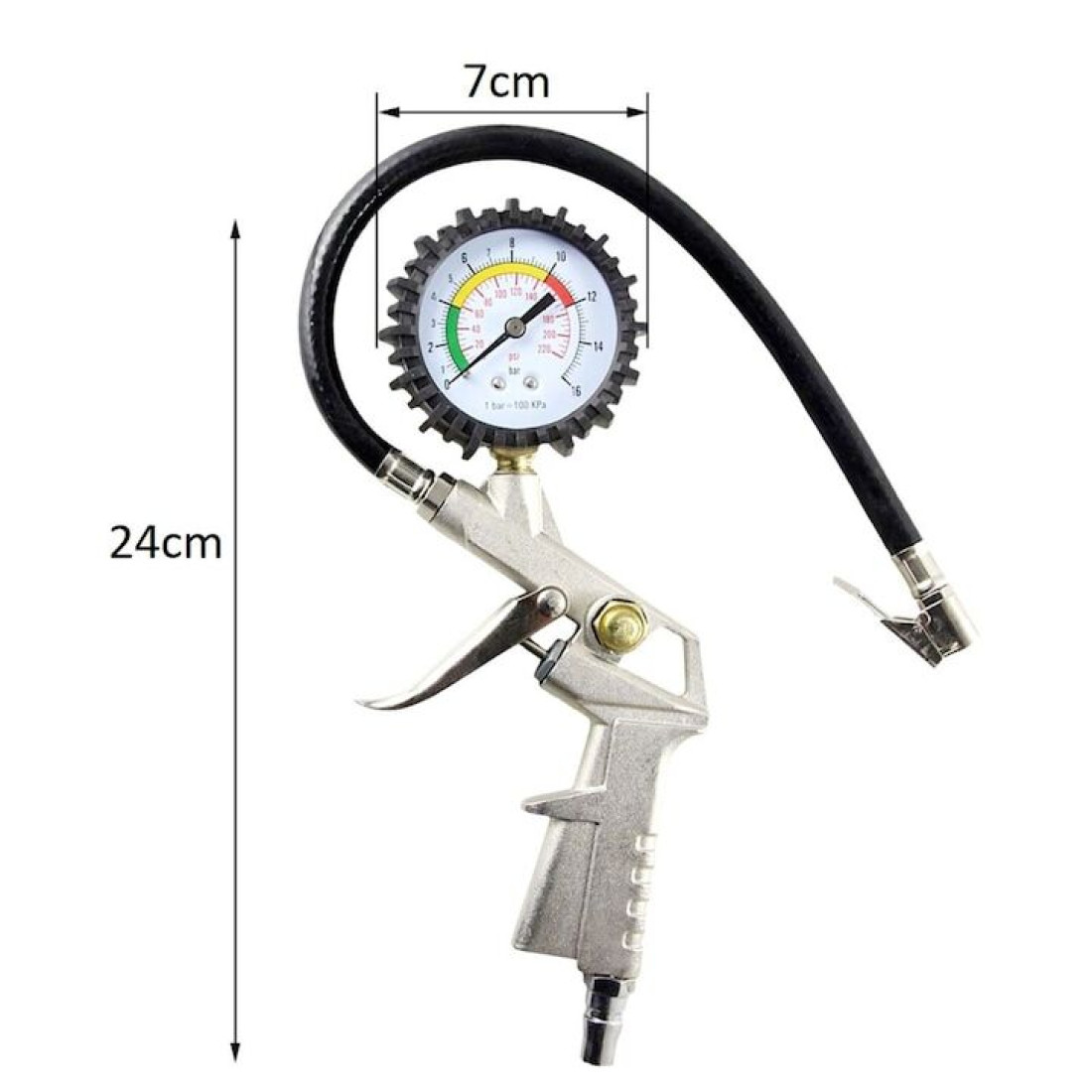 Pistol de umflat cu manometru, 0-12 bar, 0-220 PSI, furtun de 35 cm Pistol de umflat cu manometru, 0-12 bar, 0-220 PSI, furtun de 35 cm