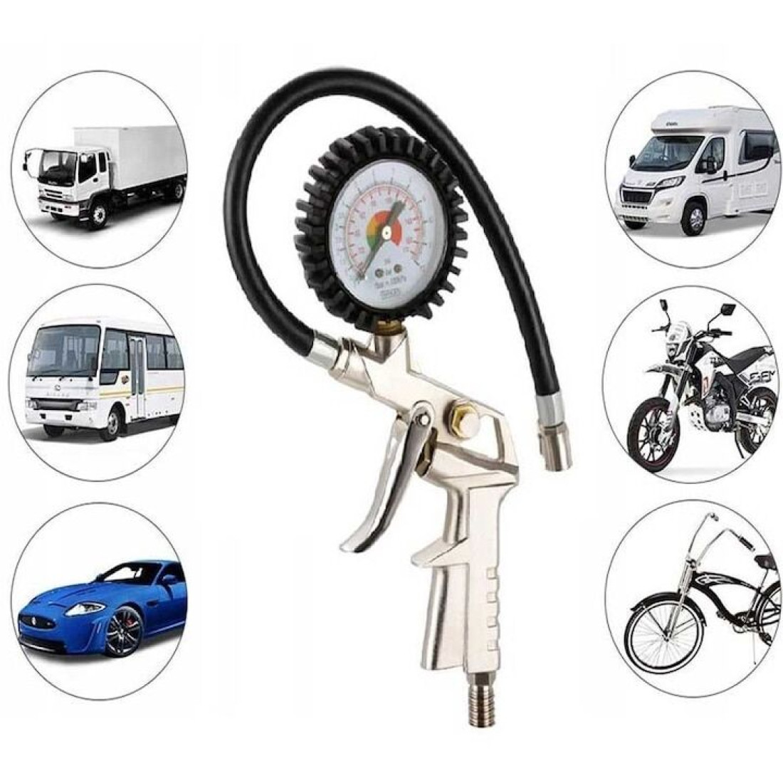 Pistol de umflat cu manometru, 0-12 bar, 0-220 PSI, furtun de 35 cm Pistol de umflat cu manometru, 0-12 bar, 0-220 PSI, furtun de 35 cm
