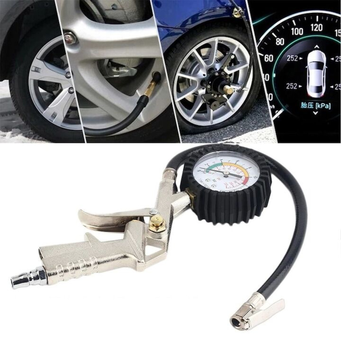 Pistol de umflat cu manometru, 0-12 bar, 0-220 PSI, furtun de 35 cm Pistol de umflat cu manometru, 0-12 bar, 0-220 PSI, furtun de 35 cm