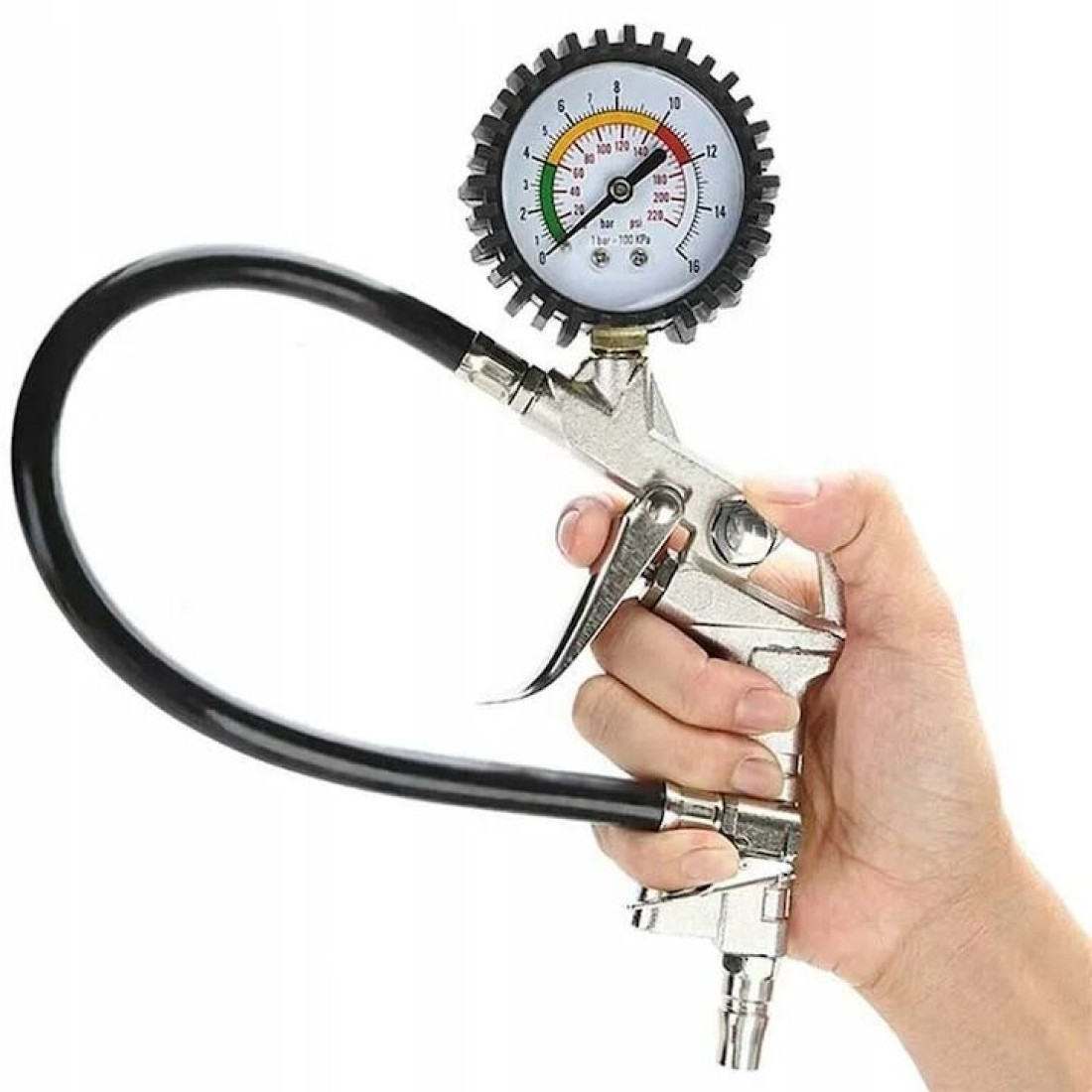 Pistol de umflat cu manometru, 0-12 bar, 0-220 PSI, furtun de 35 cm Pistol de umflat cu manometru, 0-12 bar, 0-220 PSI, furtun de 35 cm