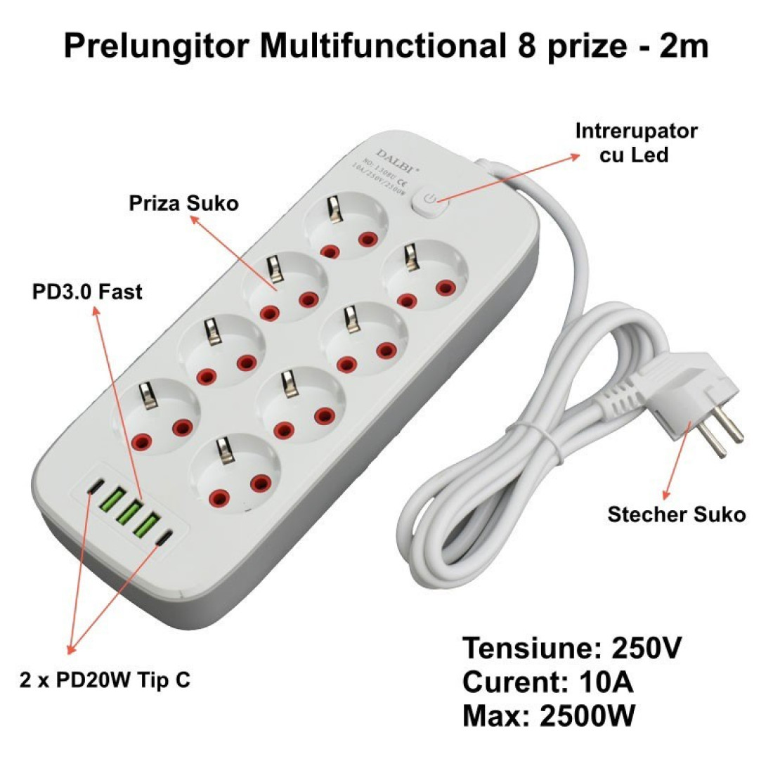 Prelungitor 3m multifunctional 8 prize, 3 x USB 2.1A, 2 x porturi USB-C si Intrerupator Prelungitor 3m multifunctional 8 prize, 3 x USB 2.1A, 2 x porturi USB-C si Intrerupator