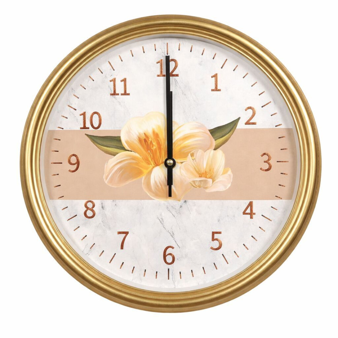 Ceas rotund, model floral, 35 cm, auriu