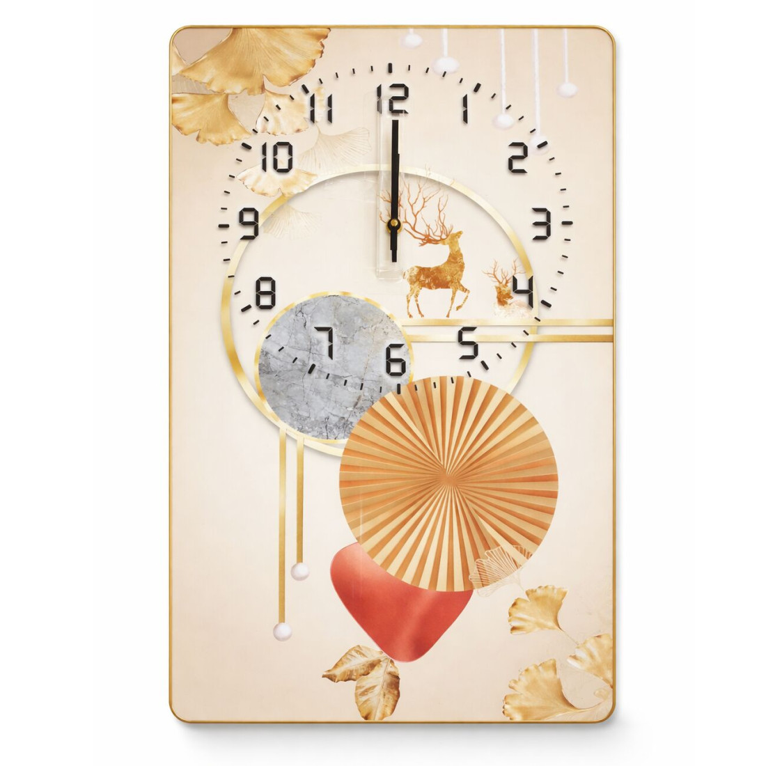 Ceas de perete, elegant, cu design abstract, ilustrat cu cerbi, frunze decorative si forme geometrice elegante, 40 x 60 cm