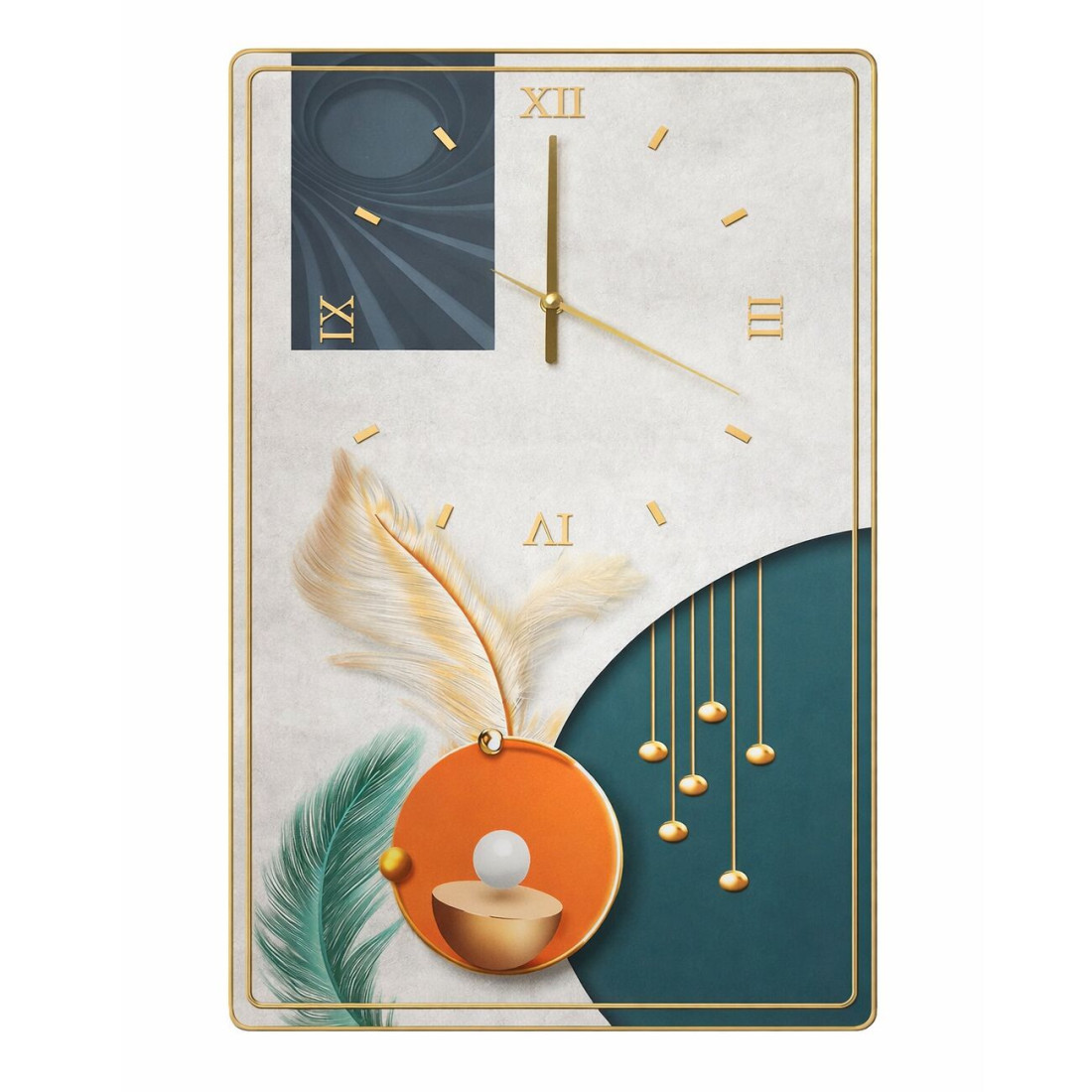 Ceas de perete, elegant, cu design cu elemente abstracte si detalii fine, in nuante elegante de verde, bej si auriu, accentuat , 40 x 60 cm