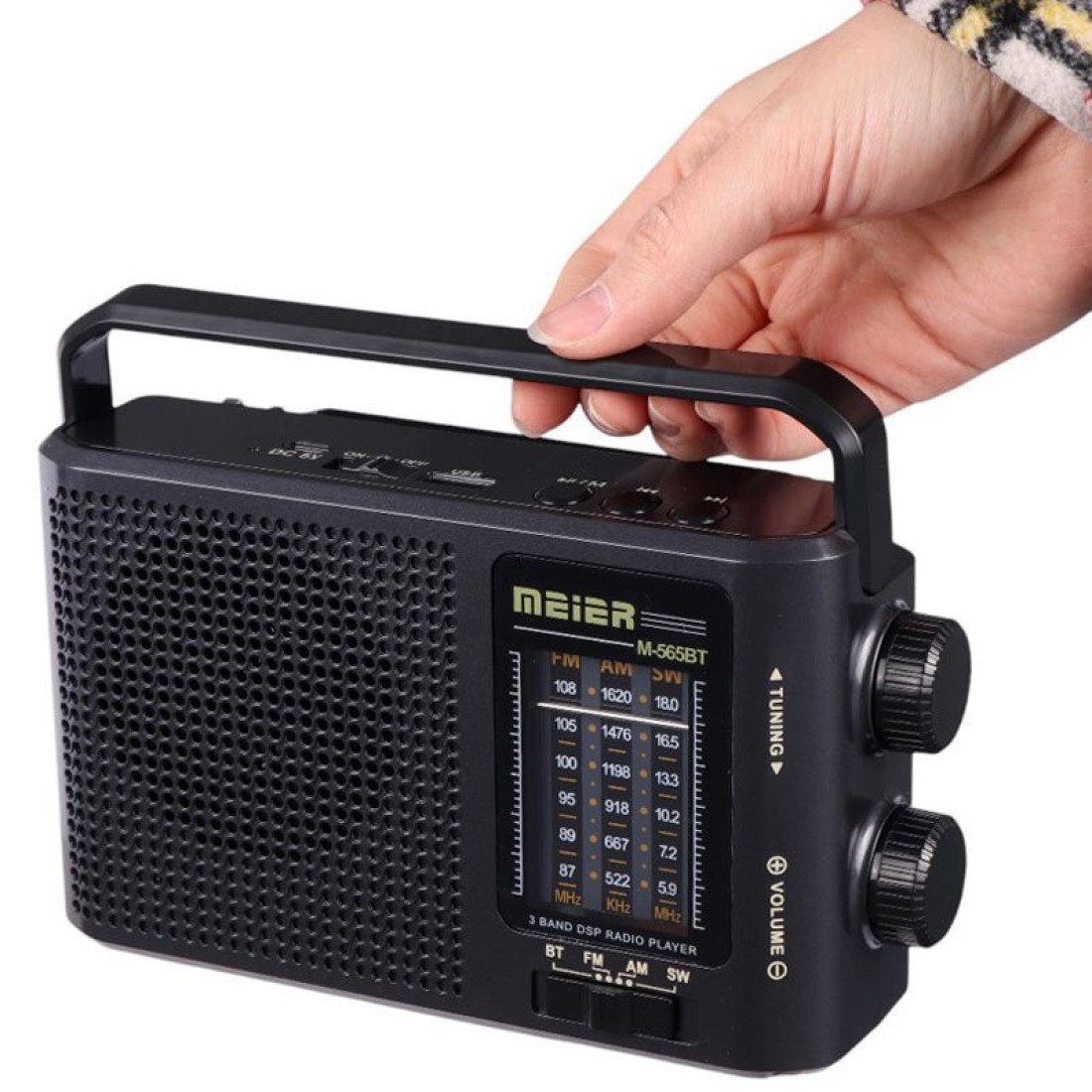 Radio portabil Meier 565BT, Baterie reincarcabila, FM/AM/SW, USB, MP3, Bluetooth, Lanterna