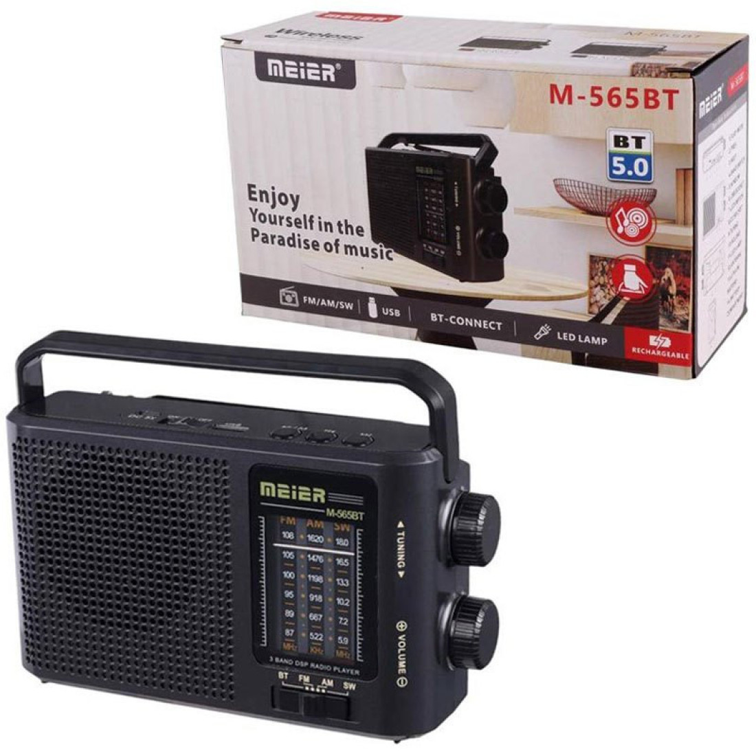 Radio portabil Meier 565BT, Baterie reincarcabila, FM/AM/SW, USB, MP3, Bluetooth, Lanterna