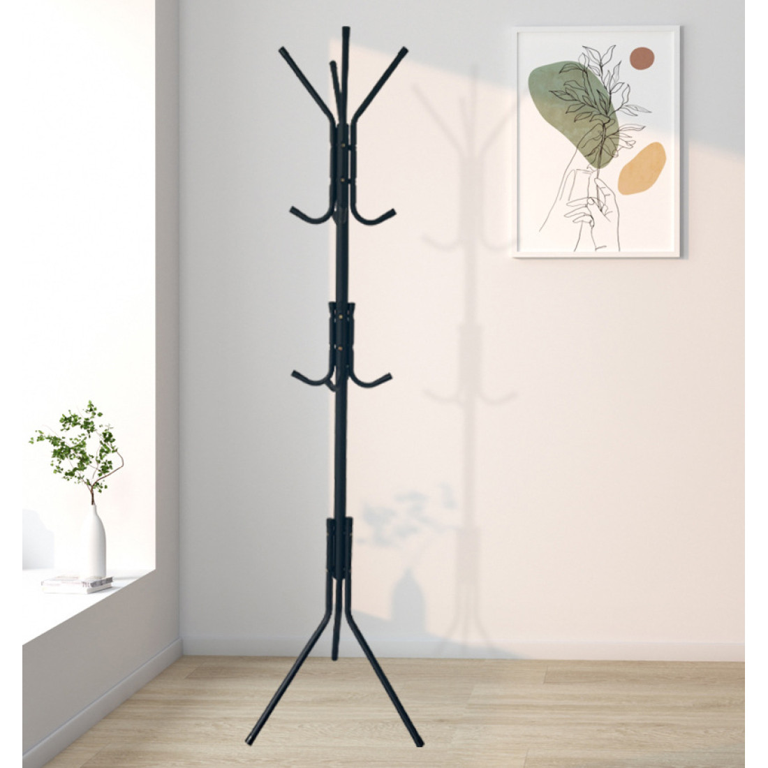 Cuier tip pom, pentru hol, 3 nivele, 12 agatatori, metal, 175 cm, negru