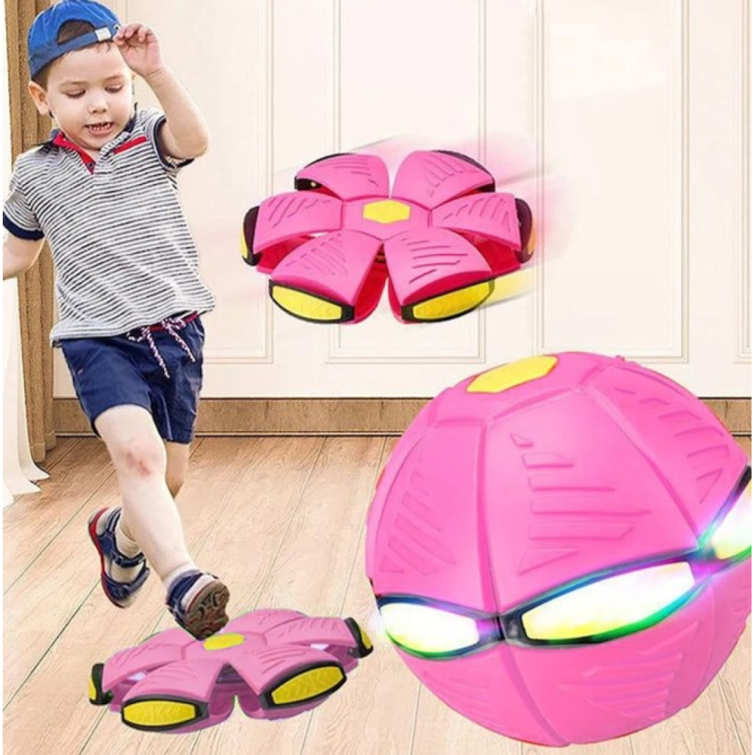 Minge Flat-Ball zburatoare transformabila in disc, Frisbee, cu lumina RGB, Roz