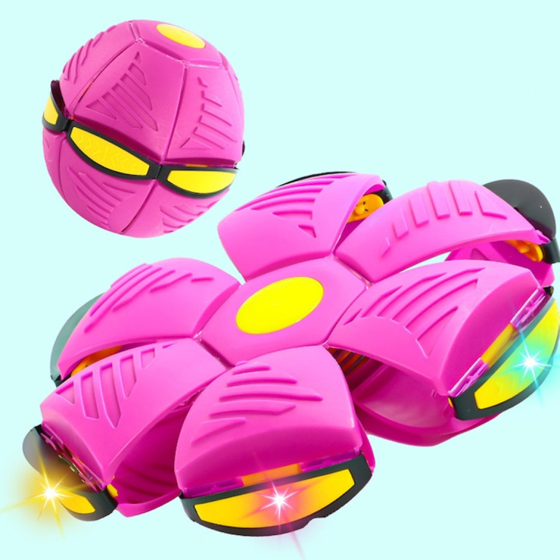 Minge Flat-Ball zburatoare transformabila in disc, Frisbee, cu lumina RGB, Roz