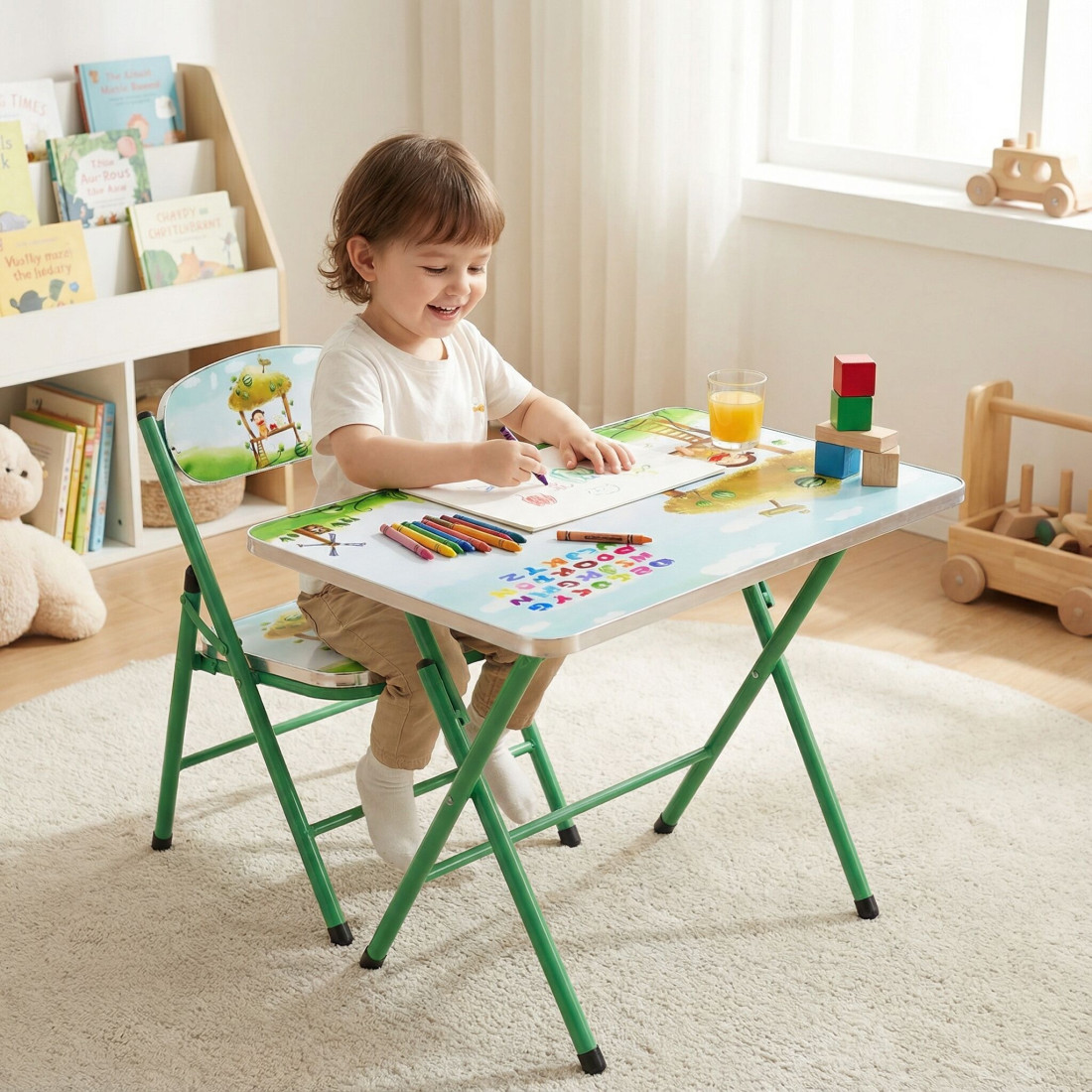 Set Masa pliabila cu Scaun pentru Copii, RAC, Masa 60x40 cm, Scaun 28x28 cm, Culoare Verde