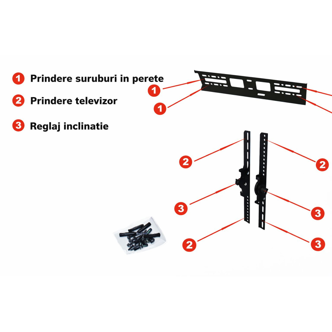 Suport universal TV de perete fix RTS - HT002, Diagonala ecran: 32" - 55" (81 - 140cm), Inclinare reglabila -15°/+15° grade, Instalare Usoara, Negru