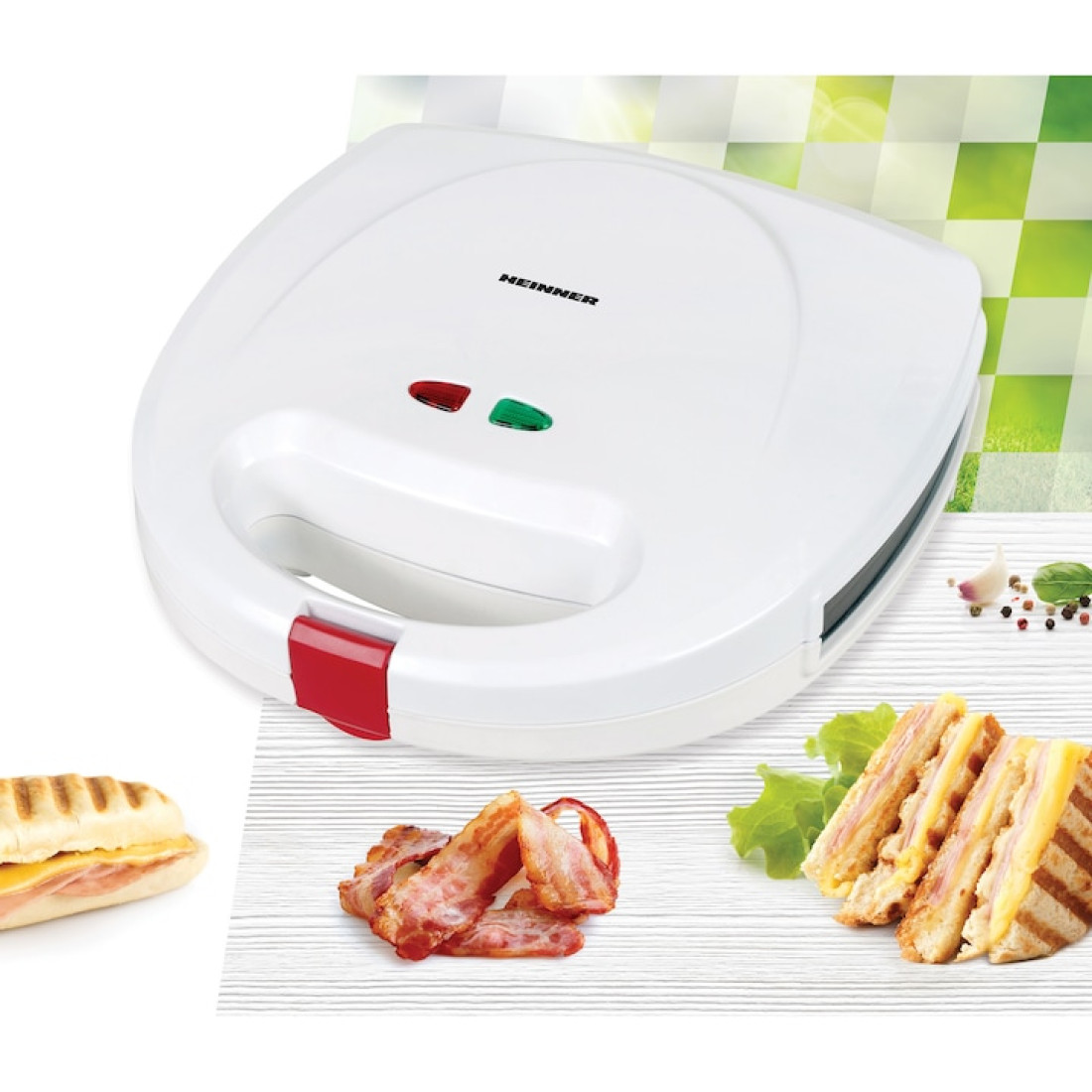 Sandwich maker Heinner Jadde 750 SM-2K750WH, 750W, plite detasabile, invelis antiaderent, capacitate: 2 sandwich-uri, Alb 