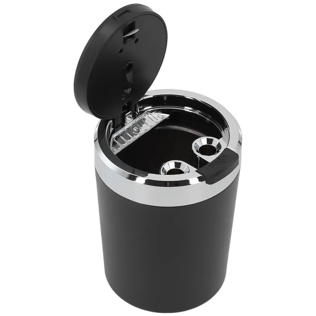 Scrumiera auto cu capac, lumina LED, din metal, neagra, 10 x 7 cm