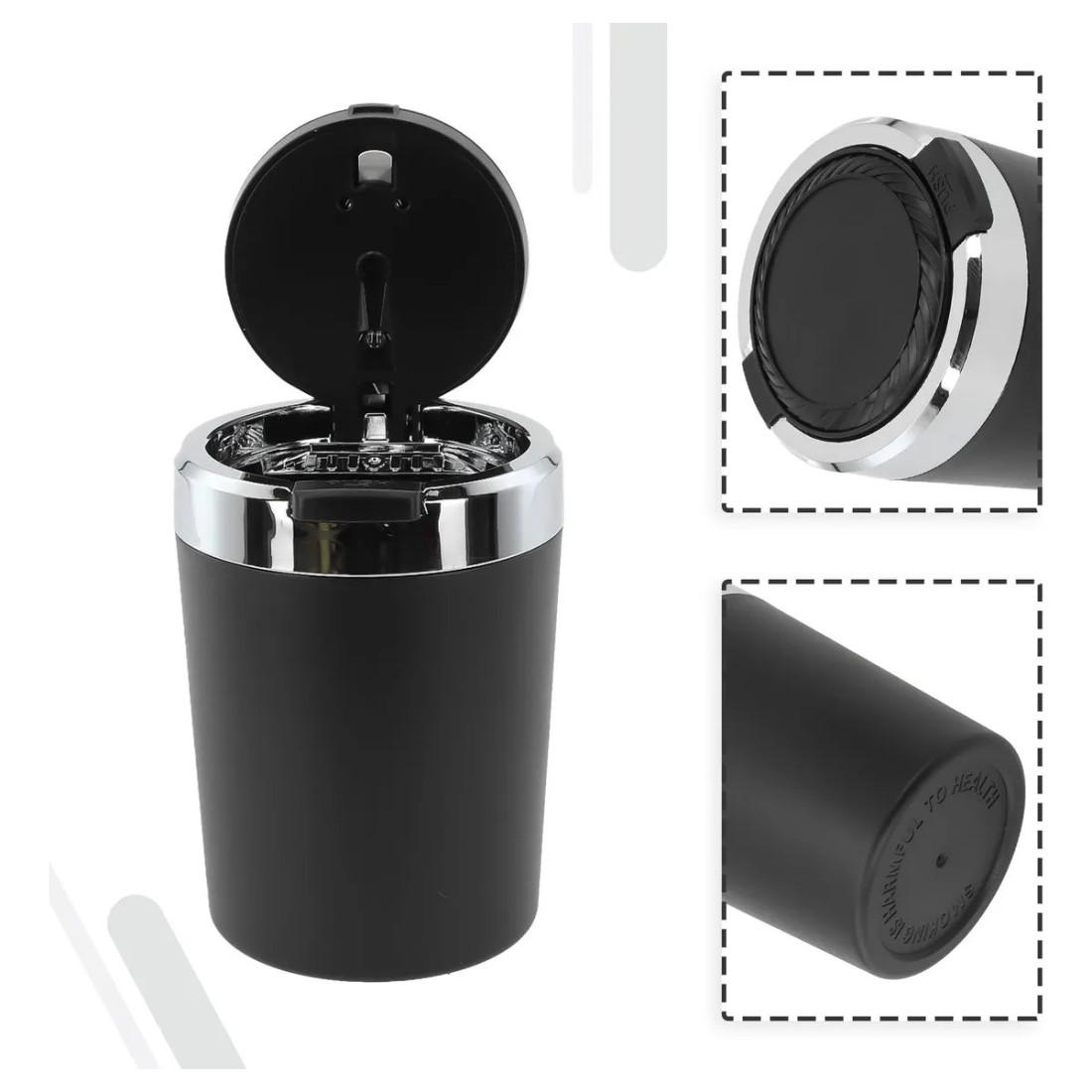 Scrumiera auto cu capac, lumina LED, din metal, neagra, 10 x 7 cm