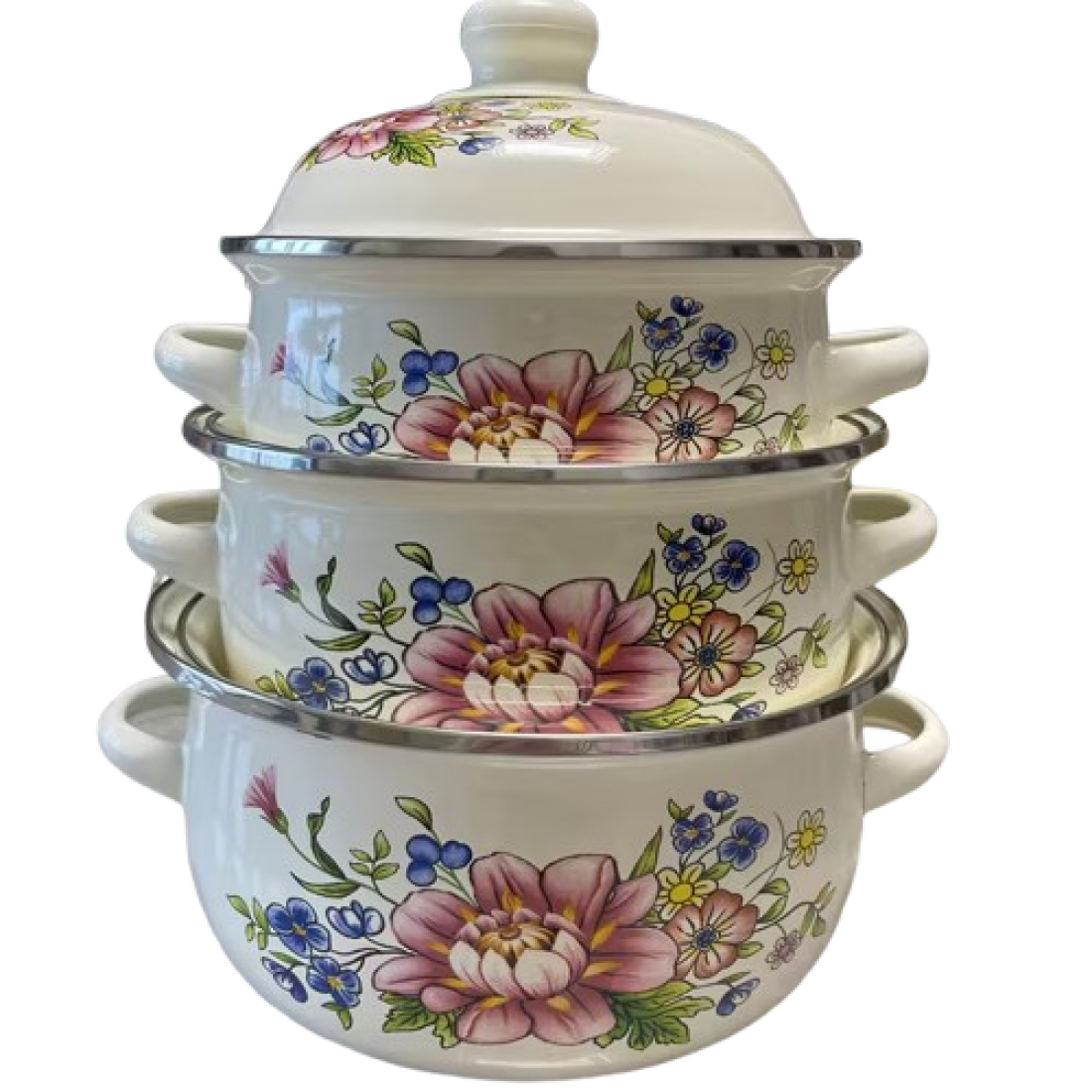 SET 3 CRATITE EMAILATE FLORI CU CAPACE 16/18/20 cm SET 3 CRATITE EMAILATE FLORI CU CAPACE 16/18/20 cm