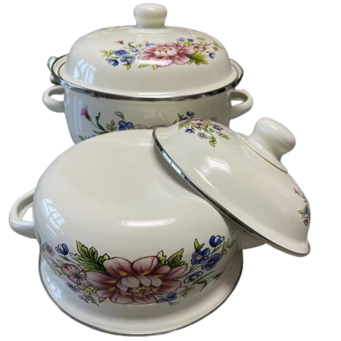 SET 3 CRATITE EMAILATE FLORI CU CAPACE 16/18/20 cm SET 3 CRATITE EMAILATE FLORI CU CAPACE 16/18/20 cm