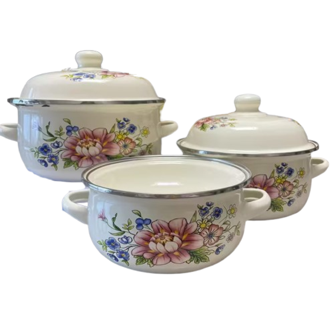 SET 3 CRATITE EMAILATE FLORI CU CAPACE 16/18/20 cm SET 3 CRATITE EMAILATE FLORI CU CAPACE 16/18/20 cm